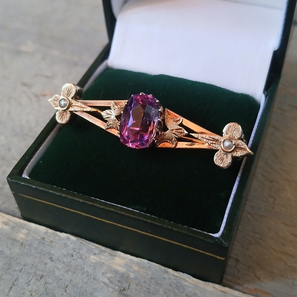 Antique Victorian 14K Yellow Gold Amethyst Bar Brooch Pin 5.7 Grams 1.8" - Picture 2 of 16